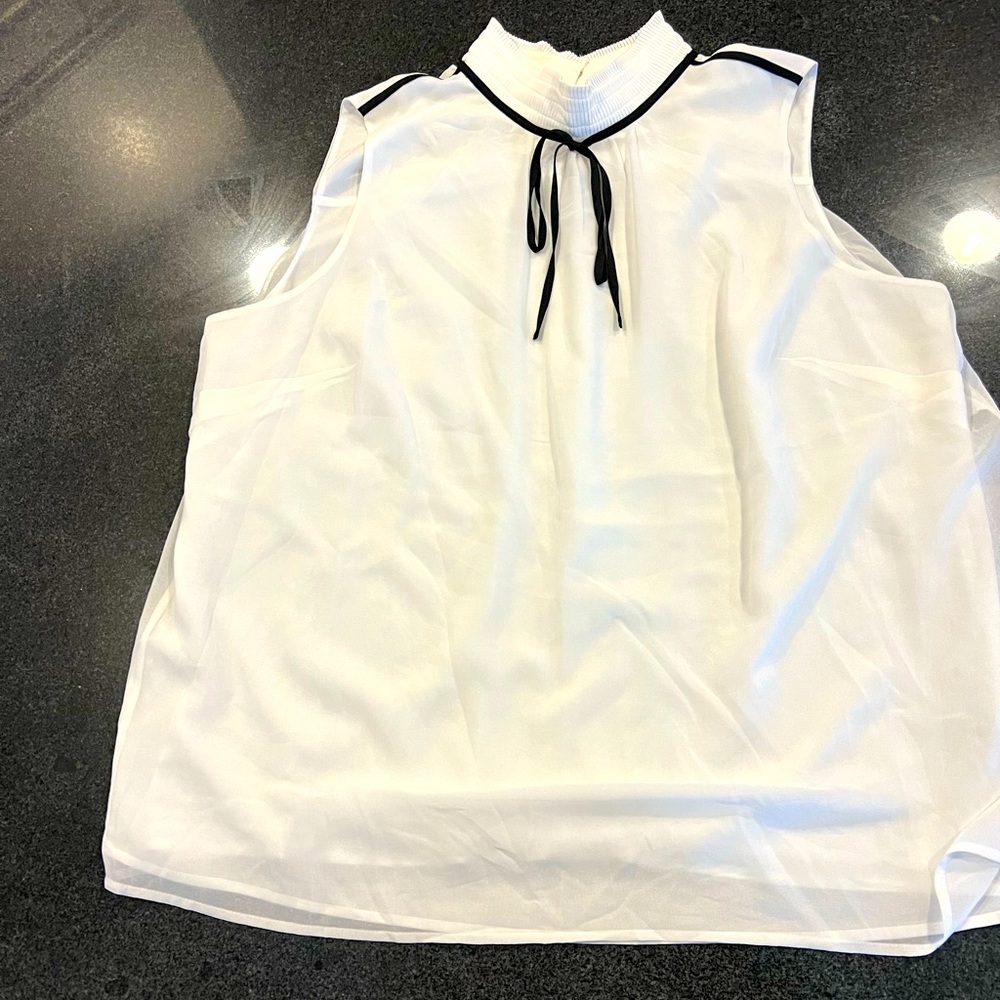 Karl Lagerfeld white tank blouse with black trim details at neckline